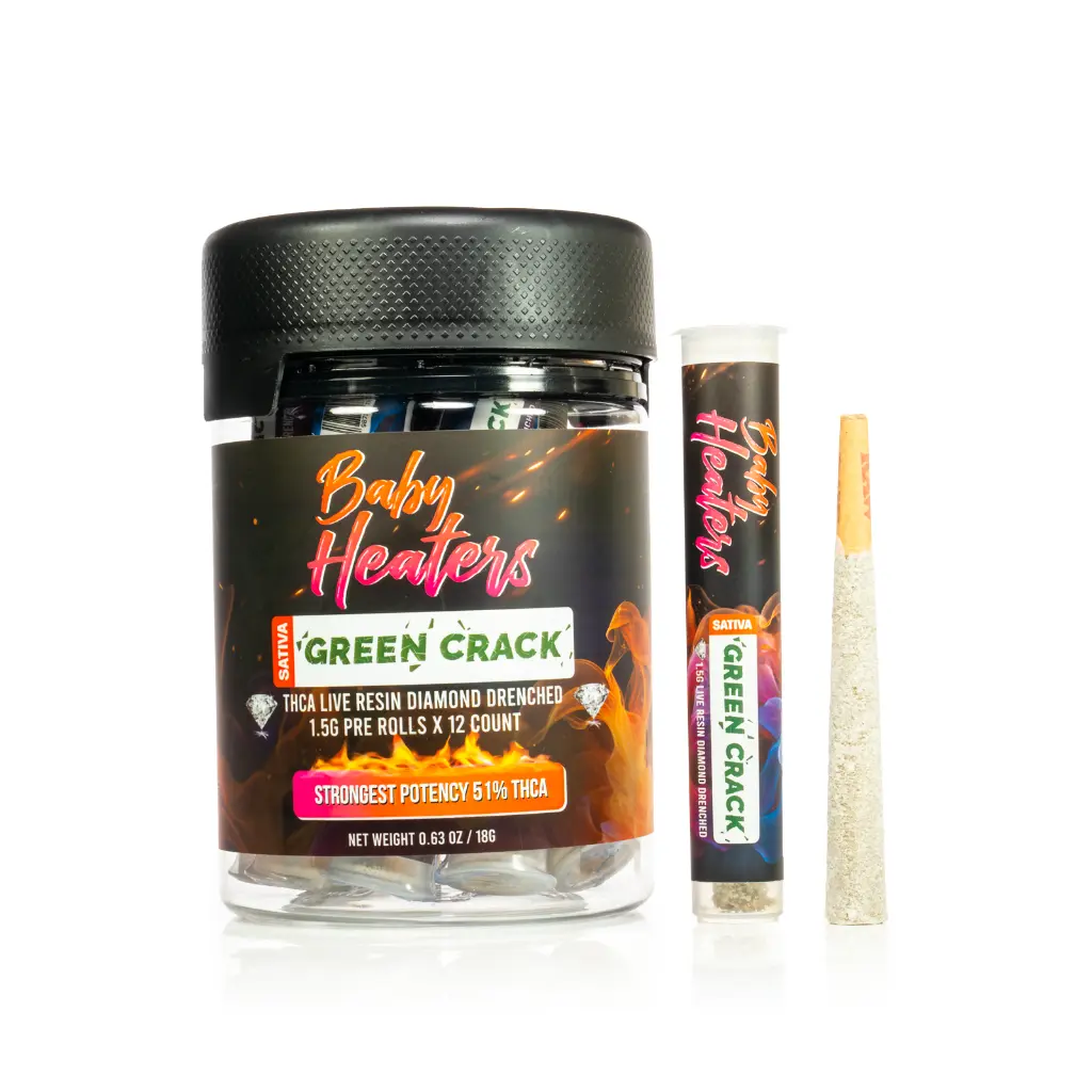 12ct POS Baby Heaters Pre-Roll 1.5g/1Ct Green Crack